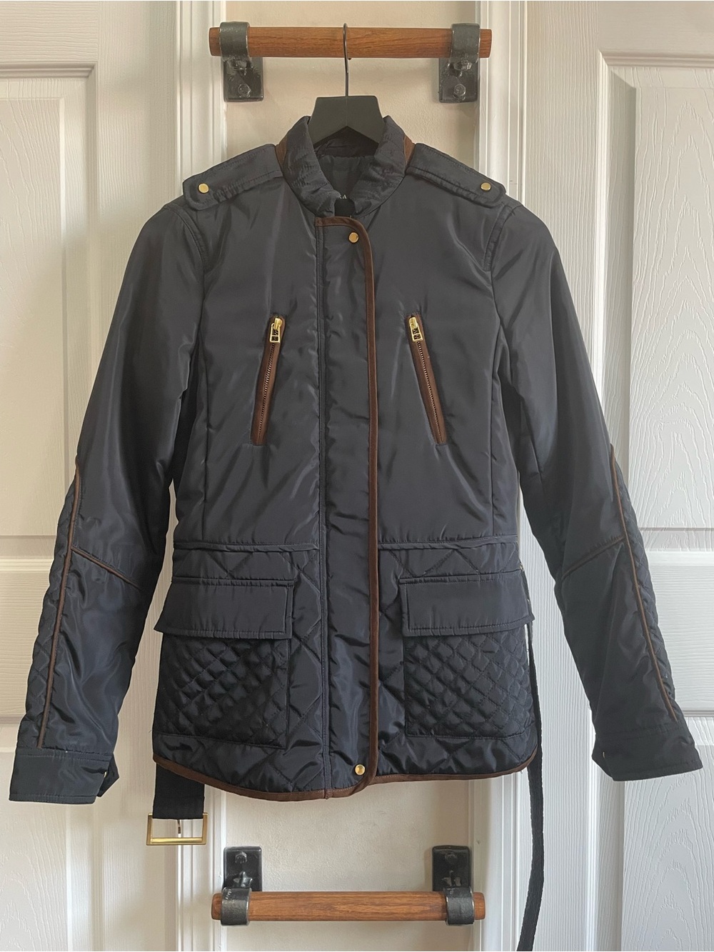 Zara Navy Blue Utility Jacket with Brown Trim